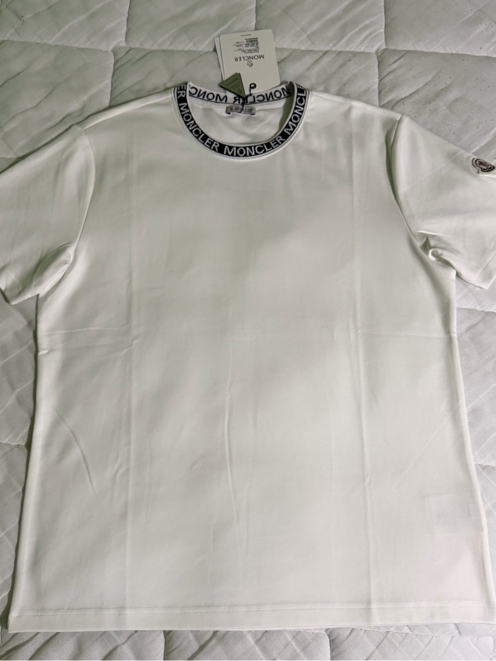 Moncler White Short-Sleeve Tee with Logo-Trim Collar